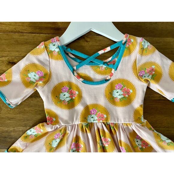 SweetHoney Knit Flair Dress Sewing Class Pink Blue Gold Floral Short Sleeve 2T - Picture 6 of 9